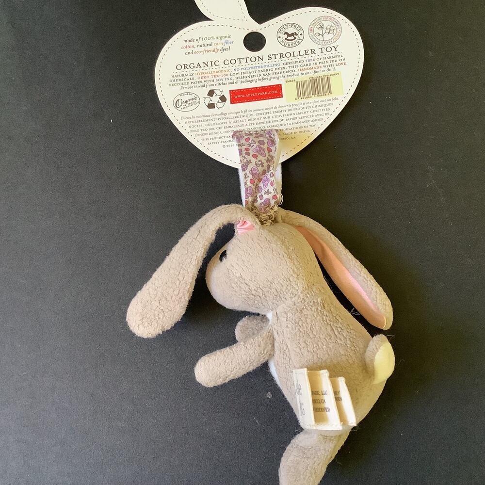 Apple Psrk Organic Cotton Stroller Toy - Grey Bunny - 6" Plush Toy NWT - Picture 5 of 6